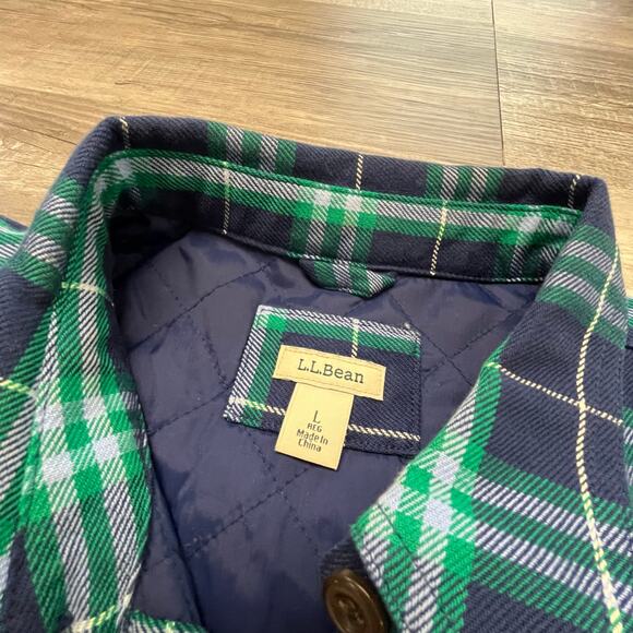 L.L Bean Green Blue Mens L Plaid Tartan Shacket Quilted Lined Button Up Jacket - Picture 3 of 9